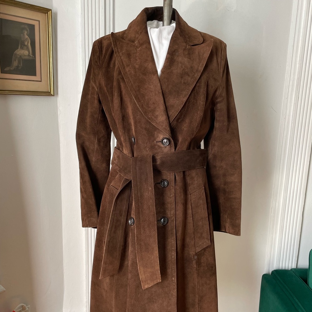 Vintage Chocolate Brown Suede Leather Trench Coat, Approx. Size M/L (As Is)